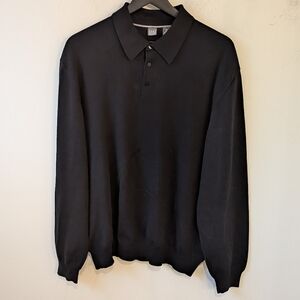Saks Fifth Avenue Mem's Black 100% Extra Fine Italian Merino Wool Sweater Polo